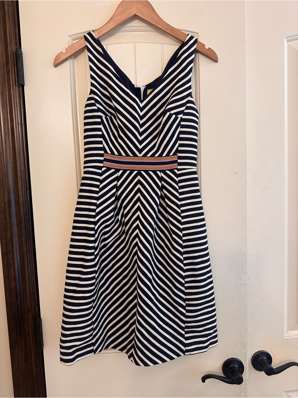 Maeve Navy and White Striped Fit-and-Flare Dress with Contrast Waistband